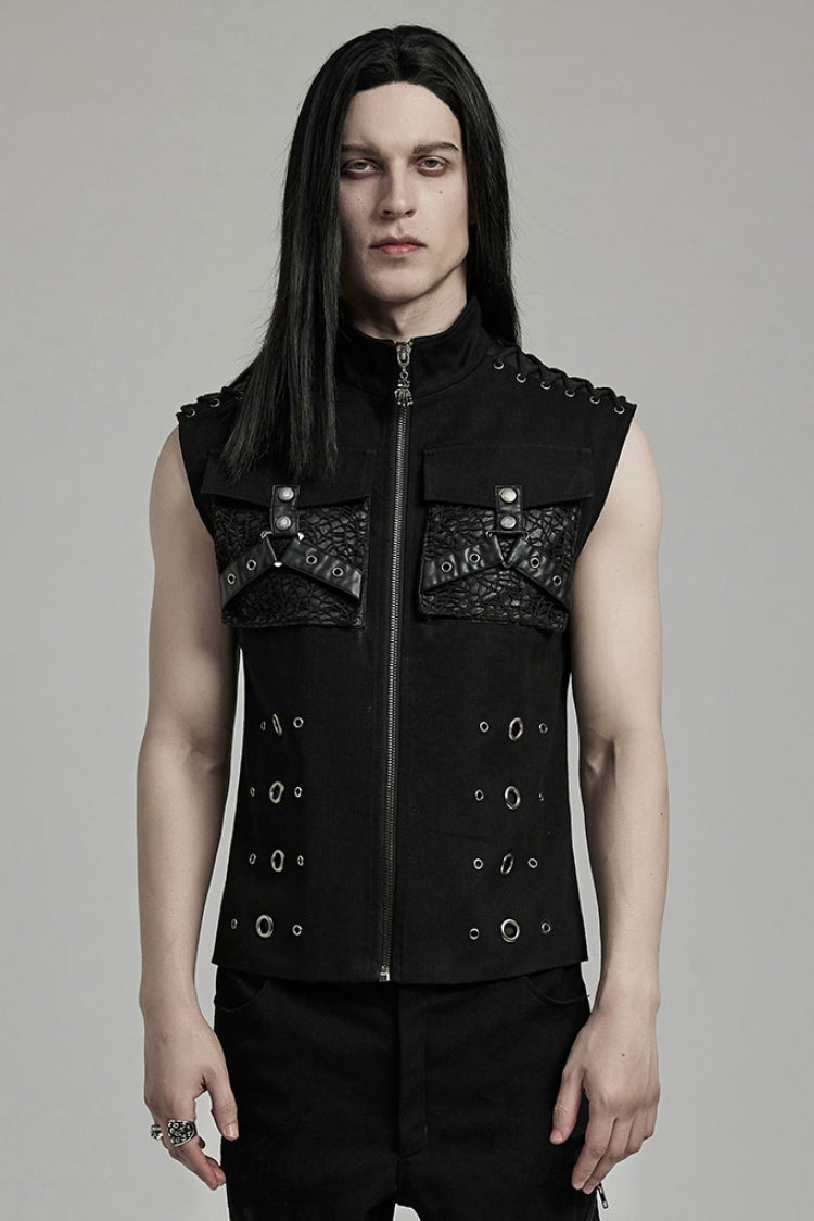 Slim-Fit Black Gothic Vest, Mandarin Collar with Stitch Detailing for Men