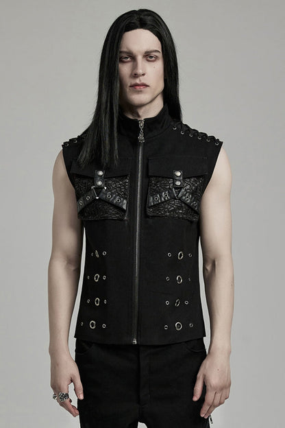 Slim-Fit Black Gothic Vest, Mandarin Collar with Stitch Detailing for Men