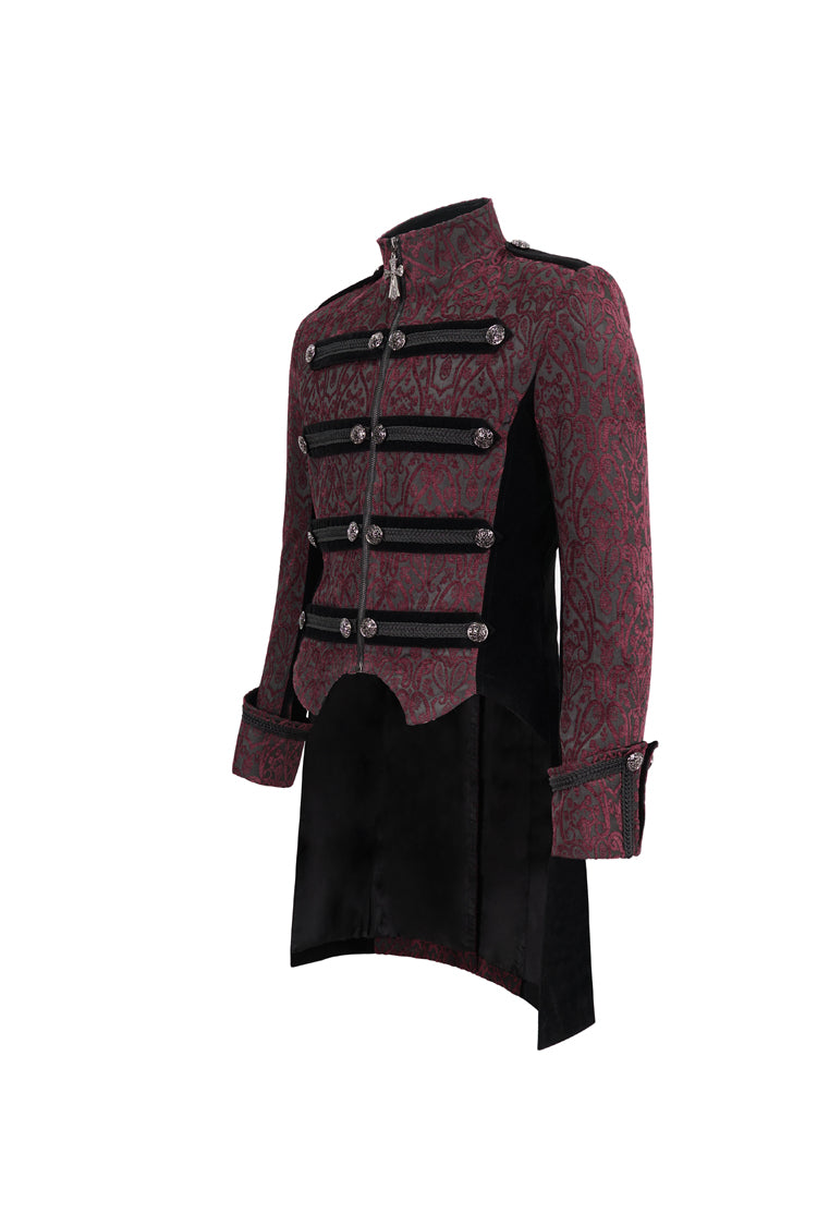 Crimson Vintage Gothic Jacket with Silk Collar and Cross Zipper
