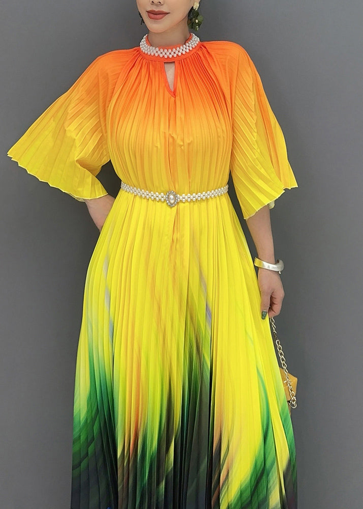 2024 Summer Fashion Orange Yellow Color Blocked Long Pleated Dress AO1020