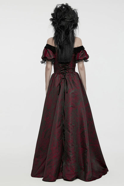 Crimson & Obsidian Short Puff Sleeves Lace-Up Gothic Dress