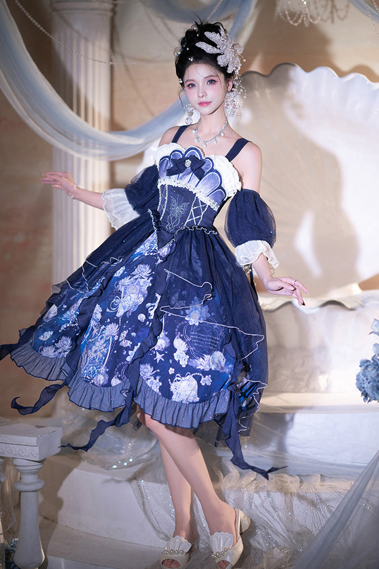 Azure Deep Sea Jellyfish Print Ruffle Lace Sweet Elegant Lolita Jumper Dress