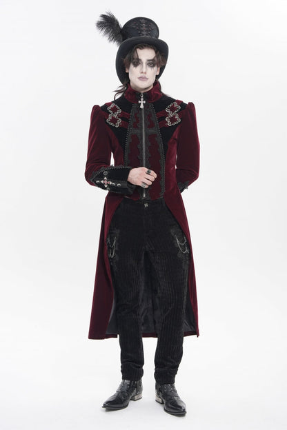 Crimson High-Neck Gothic Palace Jacket with Color Block and Embroidery