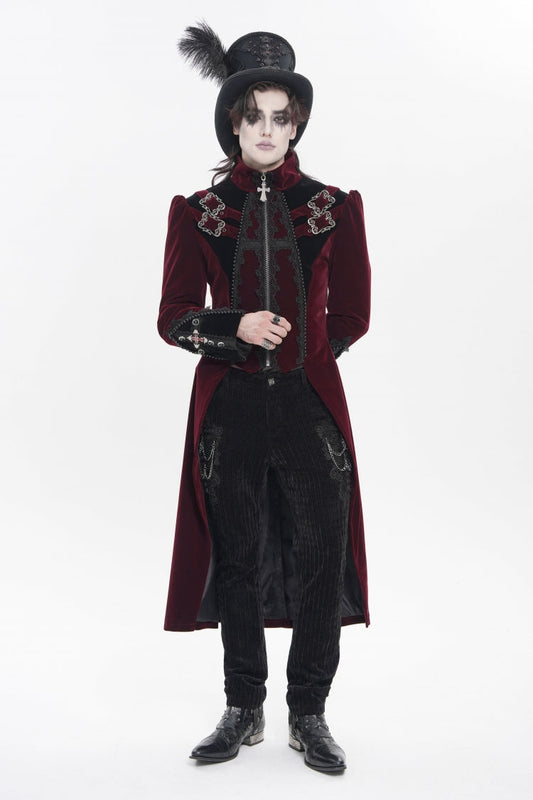 Crimson High-Neck Gothic Palace Jacket with Color Block and Embroidery