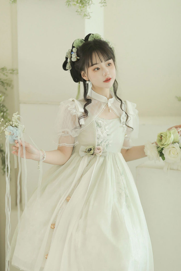 Sleeveless Lily Embroidery Cute Lolita JSK Dress in Mint Green