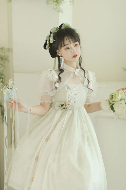 Sleeveless Lily Embroidery Cute Lolita JSK Dress in Mint Green