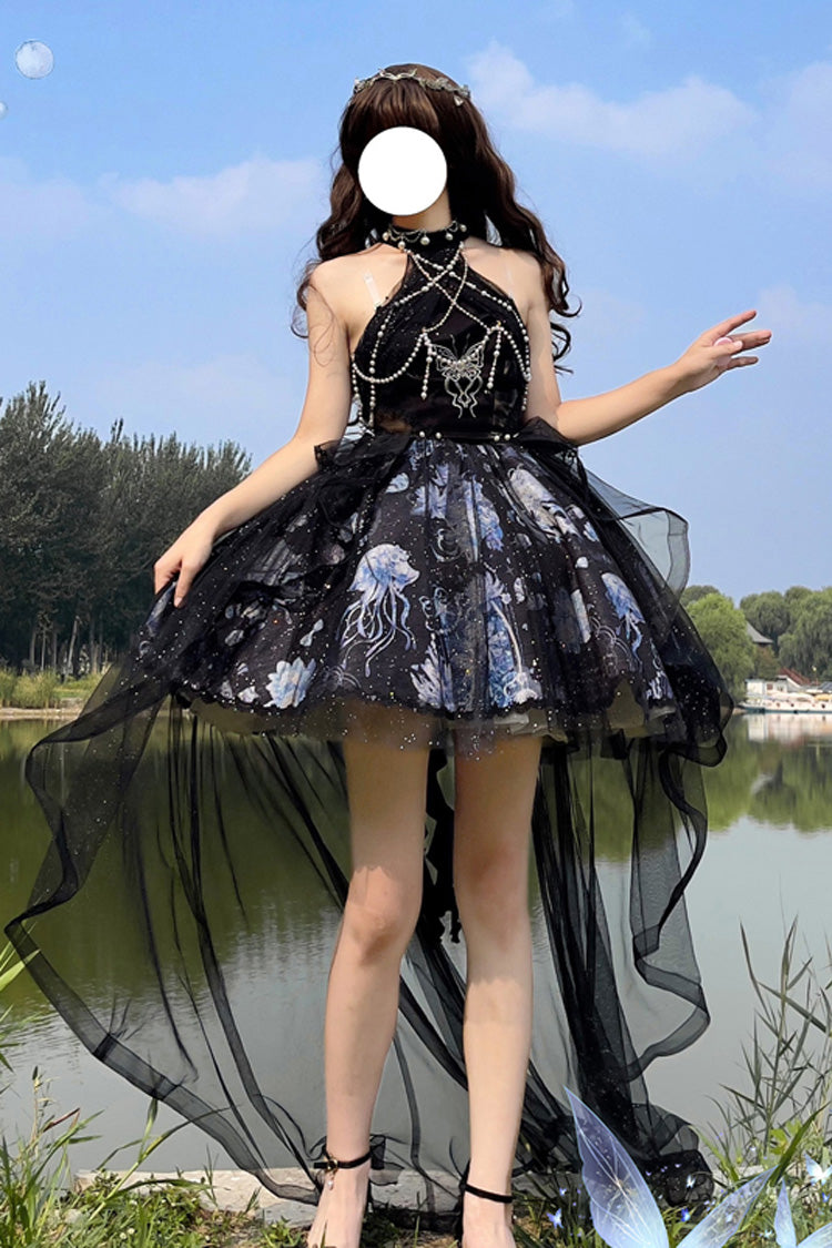 Azure Deep Sea Jellyfish Halter Sleeveless Print Embroidery Bow Lace Elegant Lolita Jumper Dress