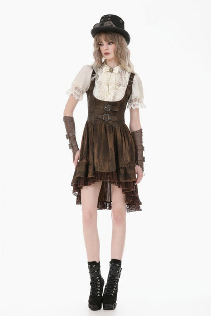 Gothic Women's Blouse with Puff Sleeves, Sheer Lace-Up & Detachable Bow
