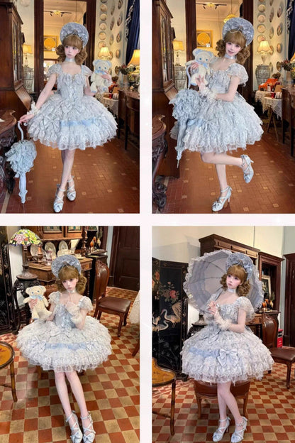 Azure Cloudborne Snowfeather Sleeveless Multi-Layered Hanayome Bow Pearl Gothic Lolita Jumper Dress