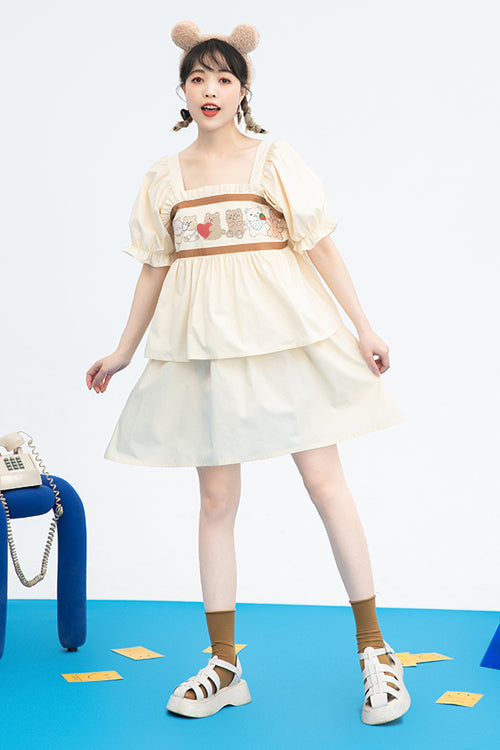 Vintage Sweet Lolita Gown with Bear Print, Square Neck & Ruffled Sleeves