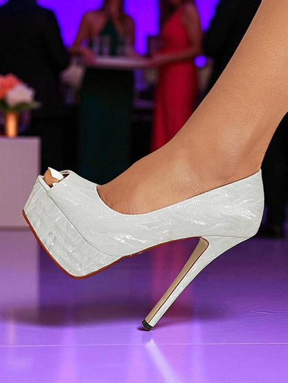 Subtle Women's Silver Heels with Platform Peep-Toe Pattern