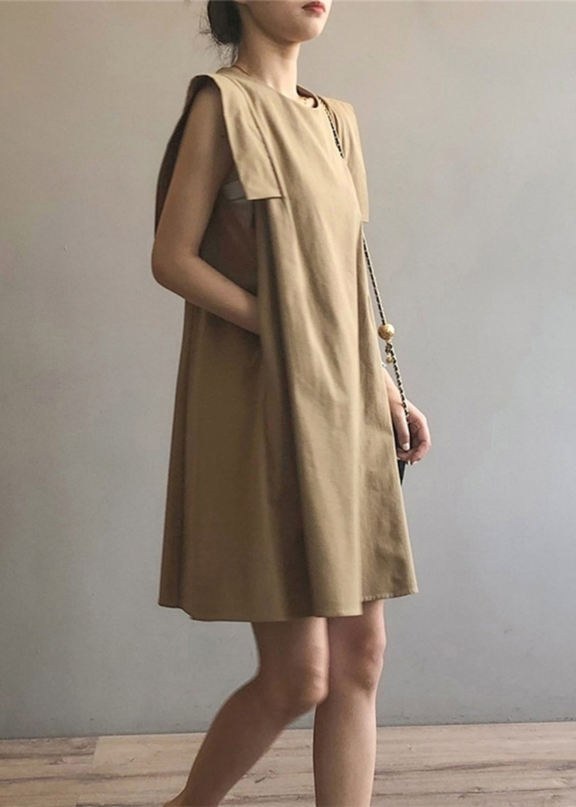 Day Khaki Cotton Elegant Sleeveless Dress O-Neck