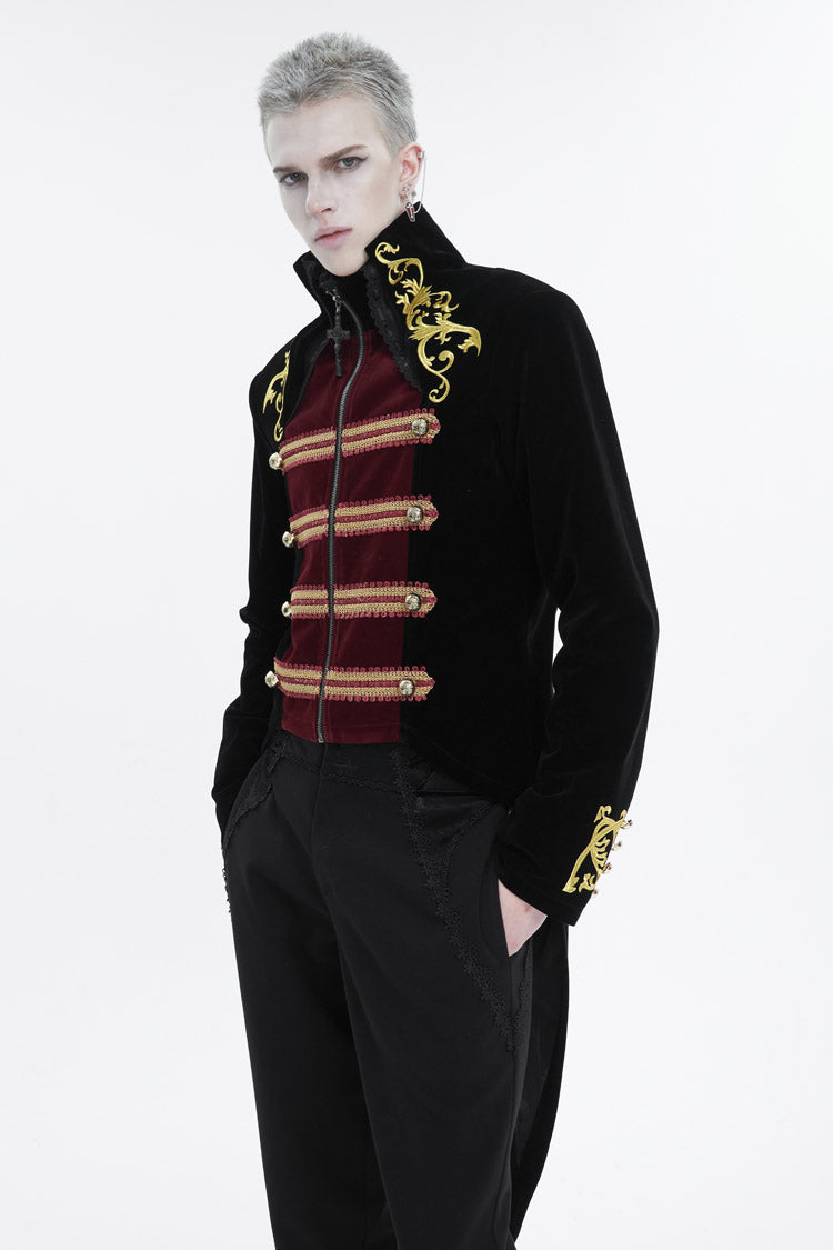 Crimson & Charcoal Vintage Emblem Stitched Swallow-Tail Goth Overcoat