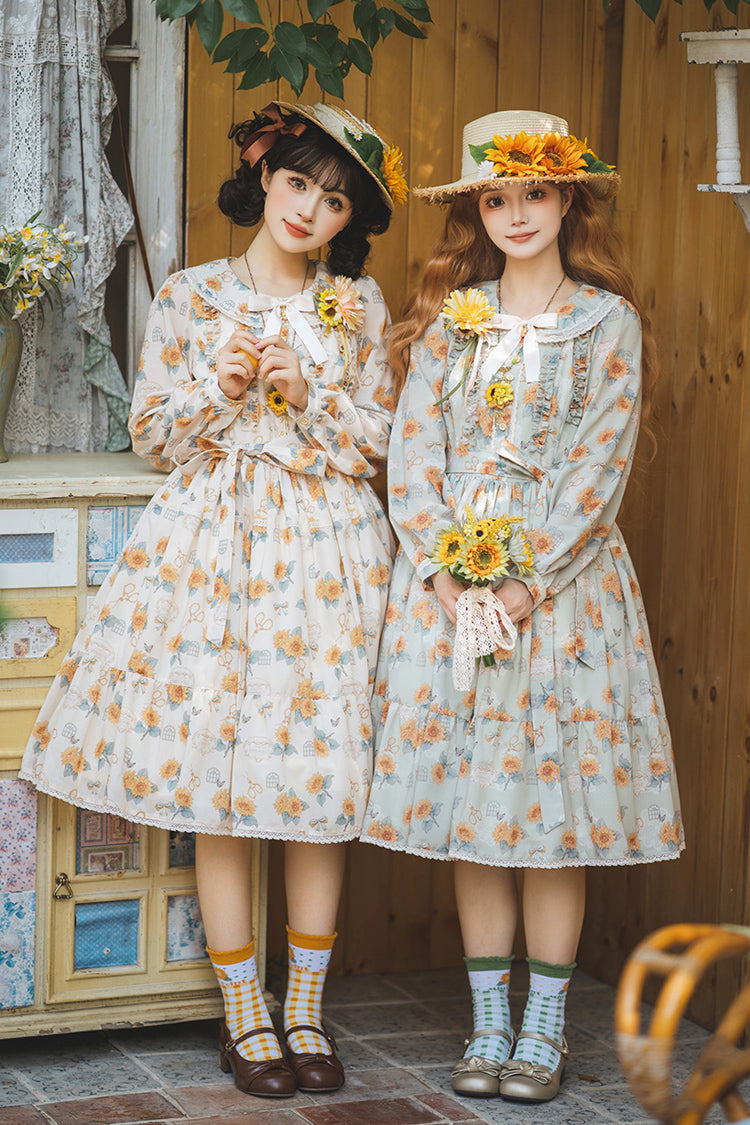 Emerald Long Sleeve Sunflower Ruffle Bow Sweet Lolita Gown