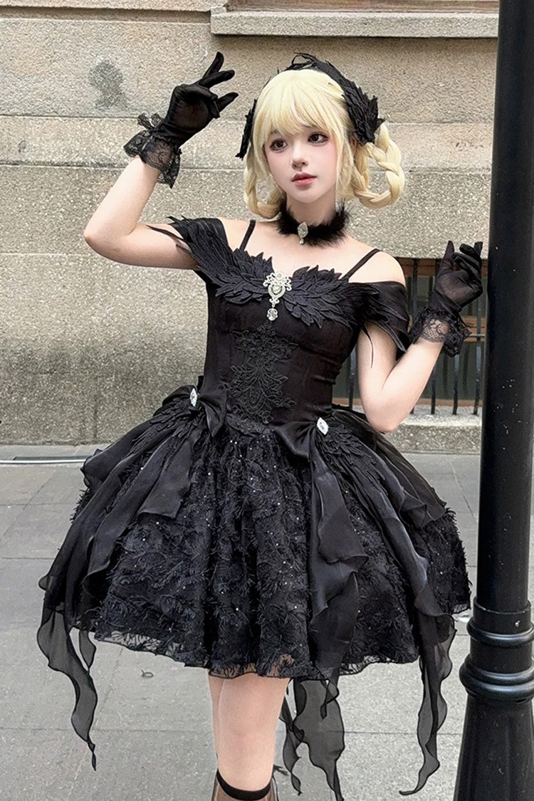 Embroidered Gothic JSK Dress with Square Collar and Flutter Sleeves in Black