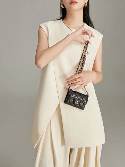 Modern Sleeveless Slit Tunic Top Hem O-neck Cream