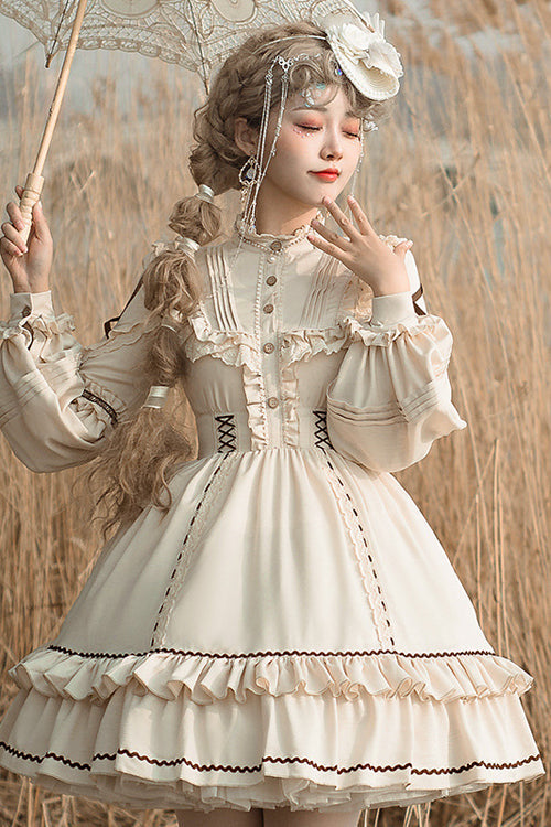 Tiered Sweet Lolita OP Gown with Removable Multi-Layer Ruffles & Lantern Sleeves, Cream