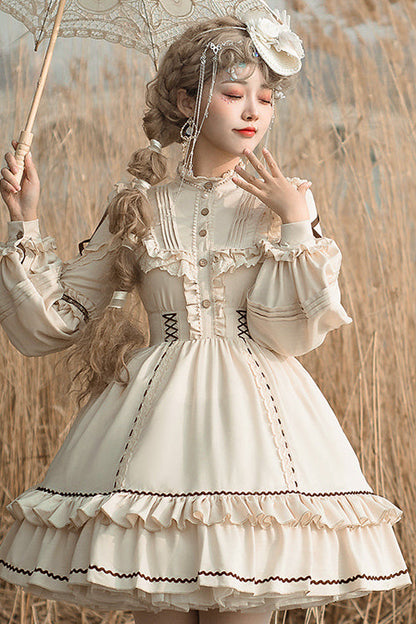 Tiered Sweet Lolita OP Gown with Removable Multi-Layer Ruffles & Lantern Sleeves, Cream