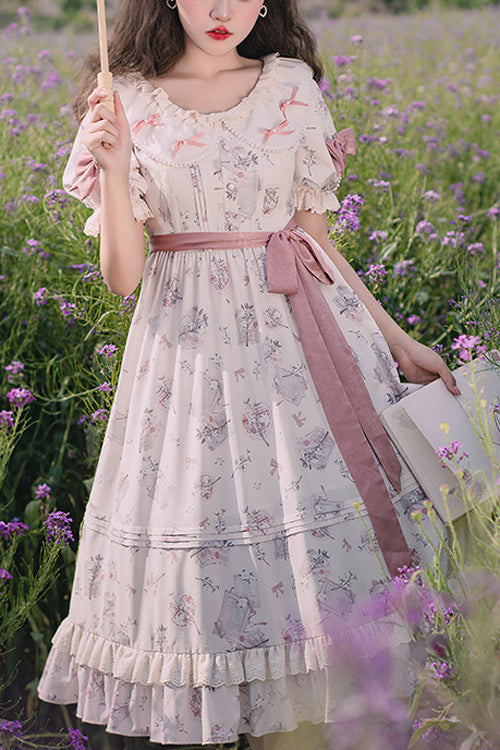 Sweet Lolita OP Gown with Flower Print, Round Collar & High Waist