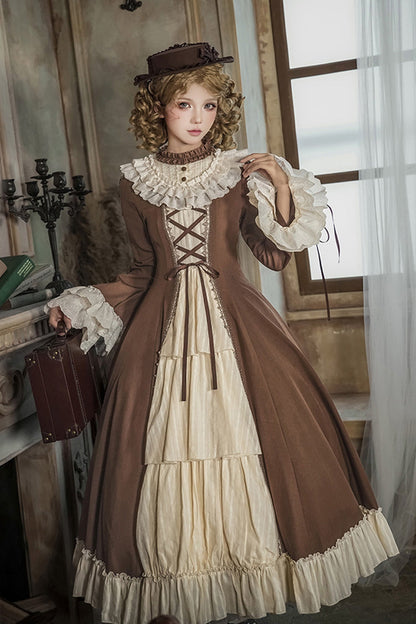 Nutcracker Stand Collar Trumpet Sleeve Lolita Dress Set with Bow - Lace-Up