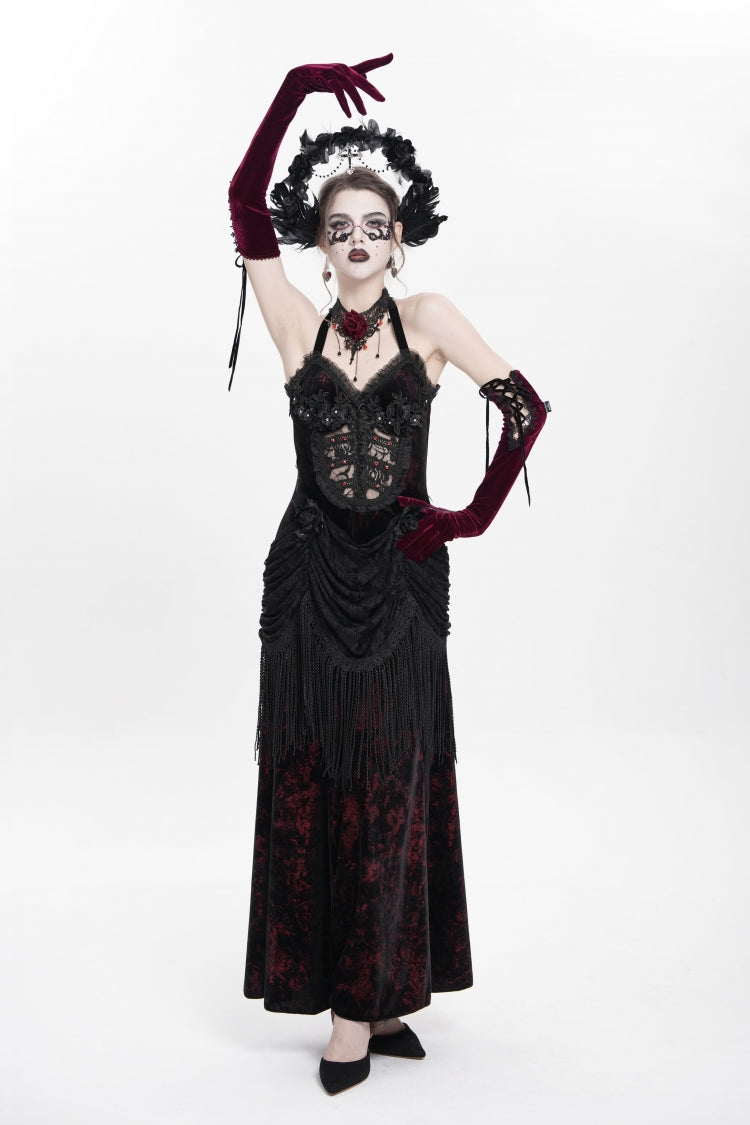 Crimson Gothic Maxi Dress with Floral Embroidery and Lace-Up Pleats
