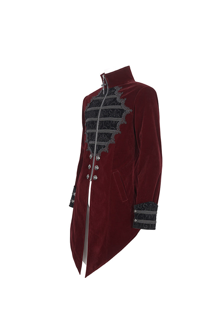 Crimson High-Neck Gothic Coat with Lace Panels and Swallowtail Back