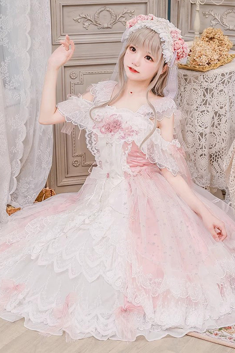 Blush Off-Shoulder Ruffle Hanayome Bow Lace Elegant Dress - Glazed Phantom