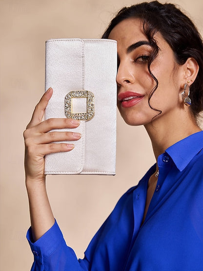 White Women's with Clutch Satin Elegant - Buckle Rhinestone