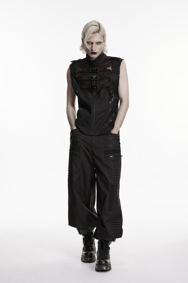 Mesh Cut-Out Punk Vest with Buckles and Eyelets for Men