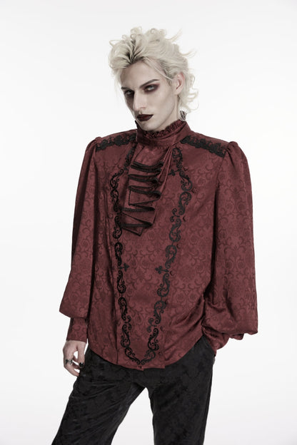 Crimson High-Neck Gothic Palace Shirt with Jacquard and Detachable Tie