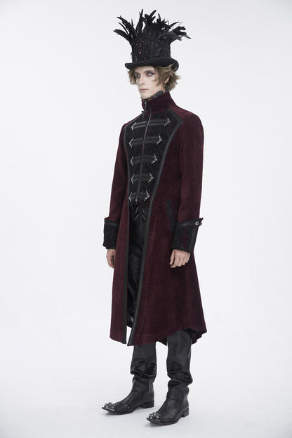 Crimson High-Neck Slim-Fit Gothic Coat with Embroidered Long Sleeves