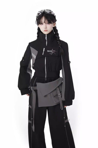 Ebony Techwear Paneled Zip Trousers & Cropped Jacket - Holographic Cruise