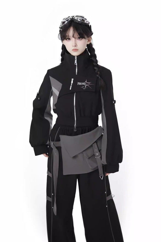 Ebony Techwear Paneled Zip Trousers & Cropped Jacket - Holographic Cruise