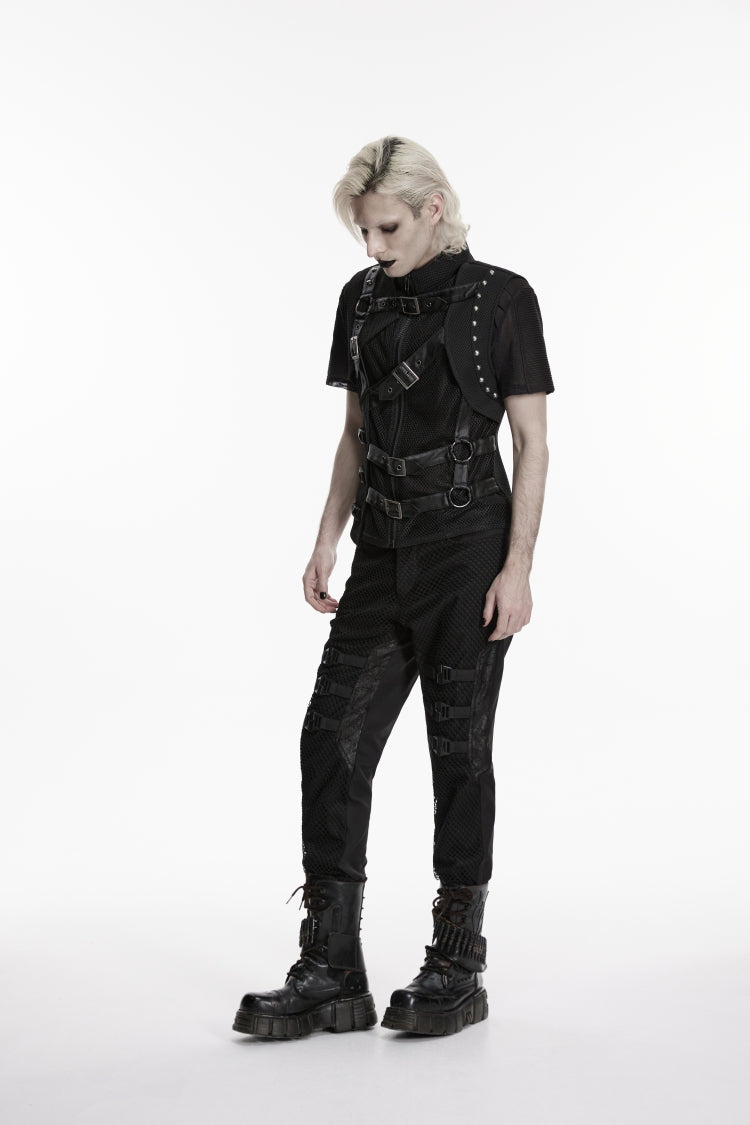 Cool Men's Black Punk Vest, Asymmetric with Studs and Buckles