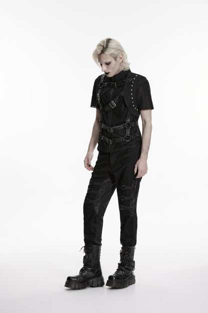 Cool Men's Black Punk Vest, Asymmetric with Studs and Buckles