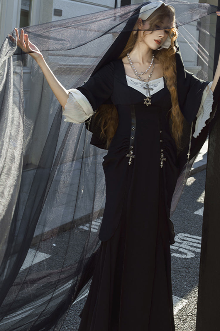 Ebony Short-Sleeve Printed Ruffle Gothic Gown - Halloween Night Temple Nun
