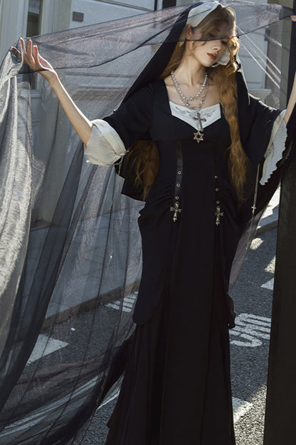 Ebony Short-Sleeve Printed Ruffle Gothic Gown - Halloween Night Temple Nun