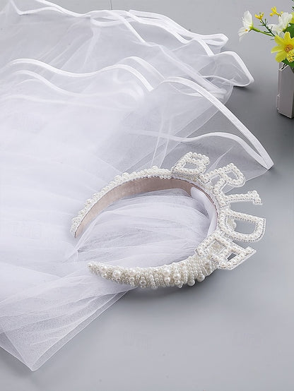 with Veil Pearl-Embellished Headband 'BRIDE' –