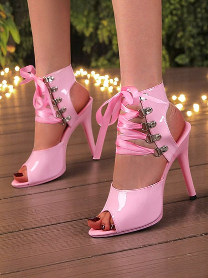 Sexy Sandals Lace-Up Patent Stiletto Black Cutout Women's -