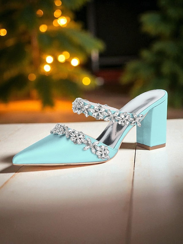 Heel Block Mules with Black Satin Floral Rhinestone Women's