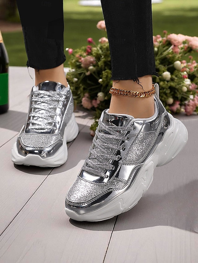 Chunky Glitter Sneakers Metallic with Platform Women's