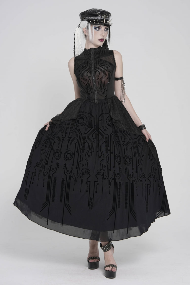 Gorgeous Black Punk Dress for Women, Layered Print with Sheer Fabric