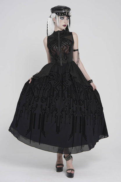 Gorgeous Black Punk Dress for Women, Layered Print with Sheer Fabric