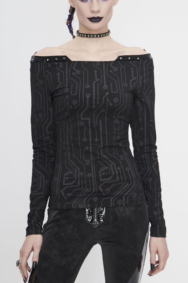 Circuit Pattern Off-Shoulder Rivet Tight T-Shirt for Women