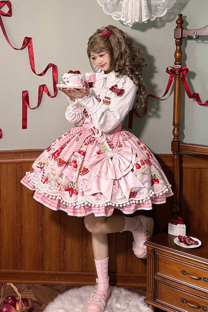 Natural Waisted Ruffle Bowknot Sweet Lolita JSK Dress with Strawberry Dessert Print - 4 Colors