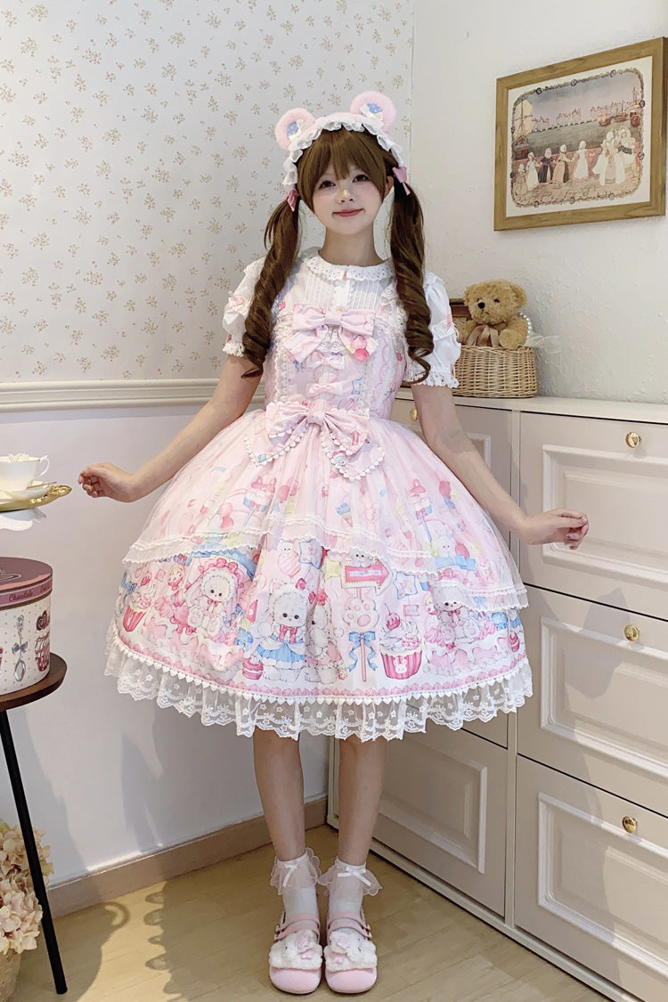 Blush Printed Bow Lace Sweet JSK with Rabbit Cake