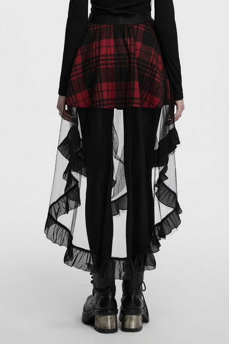 Crimson & Obsidian Ruffle Stitching Mesh Plaid High/Low Gothic Skirt