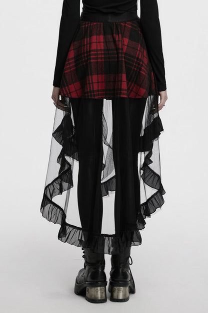Crimson & Obsidian Ruffle Stitching Mesh Plaid High/Low Gothic Skirt