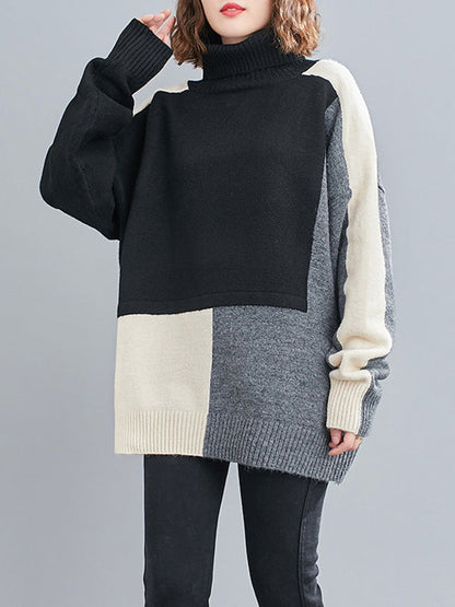 Stylish Grey High-Neck Color-block Long Sleeve Knit Sweater AN1043