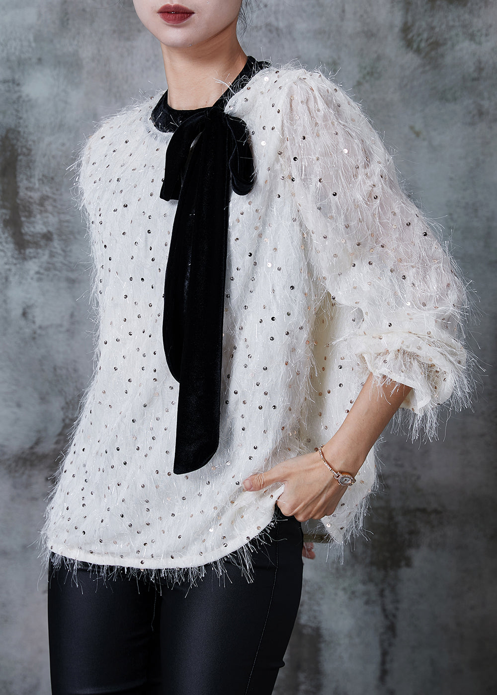 Fashion White Sequins Bow Blouse Tops Summer QA1005